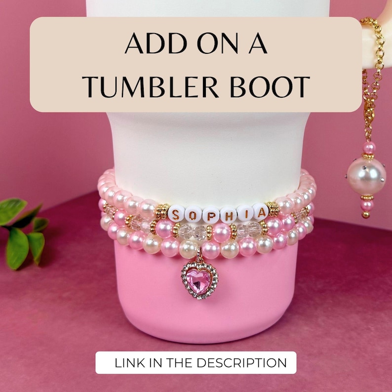 Personalized Water Bottle Bracelet Stanley Cup Bracelet Pink Pearl Water Bottle Charm Tumbler Bracelet Stanley Accessories Custom Gift Pink + White Pearl