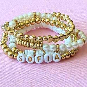 Personalized Name Bracelet Set: Pearl, Gold & White Beaded Stacking Bands