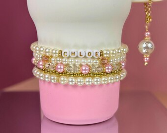 Pulsera de cuentas con nombre personalizado para botella de agua, dije de perlas y cristal para vaso, joyería femenina apilable, regalo, accesorios de la Copa Stanley