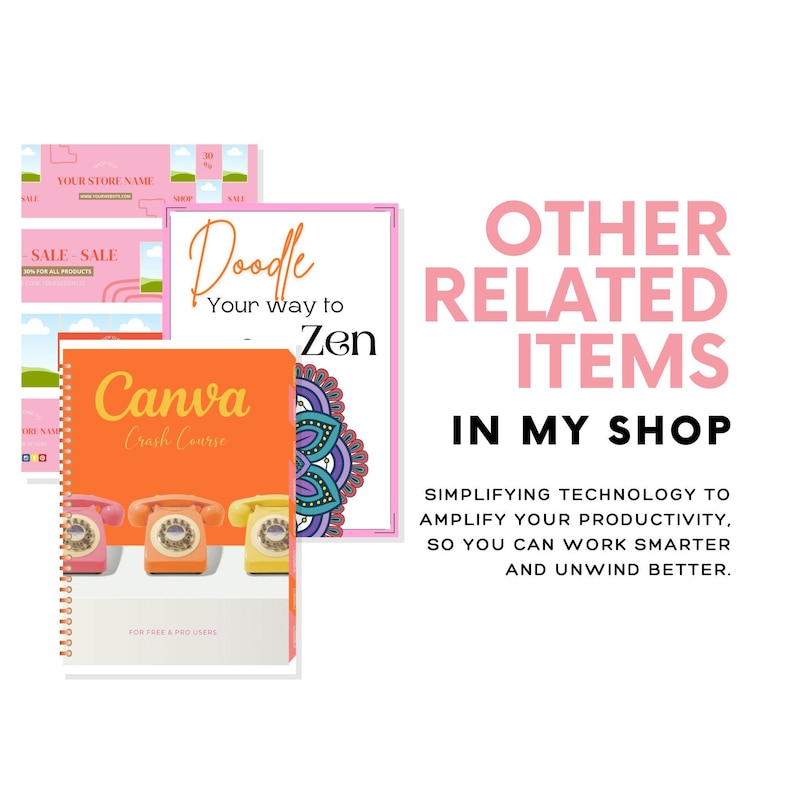 Informational graphic displaying mockups of related digital items on the left and the heading OTHER RELATED ITEMS IN MY SHOP on the right.
