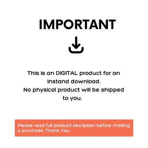 Notice graphic headed IMPORTANT with a download icon stating that this is a digital product for instant download with no physical item shipped.