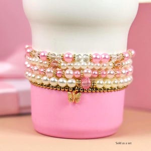 Pink Pearl Tumbler Bracelet Set: Butterfly Charm, Stackable Cup Accessory