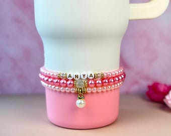 Parelarmband voor Stanley Cup, roze kristallen waterflesbedel, aangepast bekeraccessoire, gepersonaliseerd cadeau voor tienermeisjes