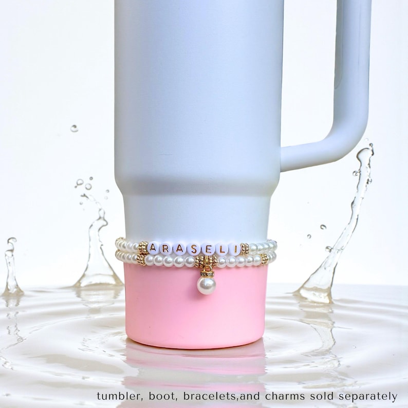 Personalized Water Bottle Bracelet Stanley Cup Bracelet Pink Pearl Water Bottle Charm Tumbler Bracelet Stanley Accessories Custom Gift image 9