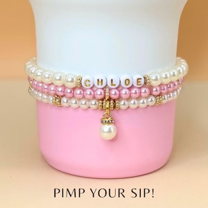 Personalized Water Bottle Bracelet, Stanley Cup Bracelet, Pink Pearl Water Bottle Charm, Tumbler Bracelet, Stanley Accessories, Custom Gift