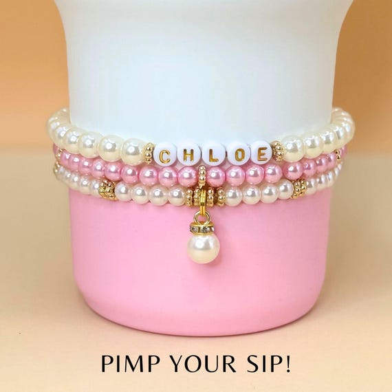 Personalized Water Bottle Bracelet Stanley Cup Bracelet Pink Pearl Water Bottle Charm Tumbler Bracelet Stanley Accessories Custom Gift