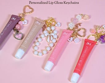 Personalized Lip Gloss Keychain Pendant with Beads Cougette Bow Charm Pendant Bag Accessory Gift Box Present Set Teen Girl Pink Crystal
