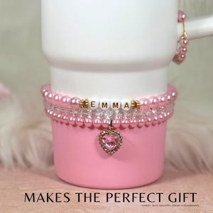 Personalized Water Bottle Bracelet Stanley Cup Bracelet Pink Pearl Water Bottle Charm Tumbler Bracelet Stanley Accessories Custom Gift Pink Name Bracelet