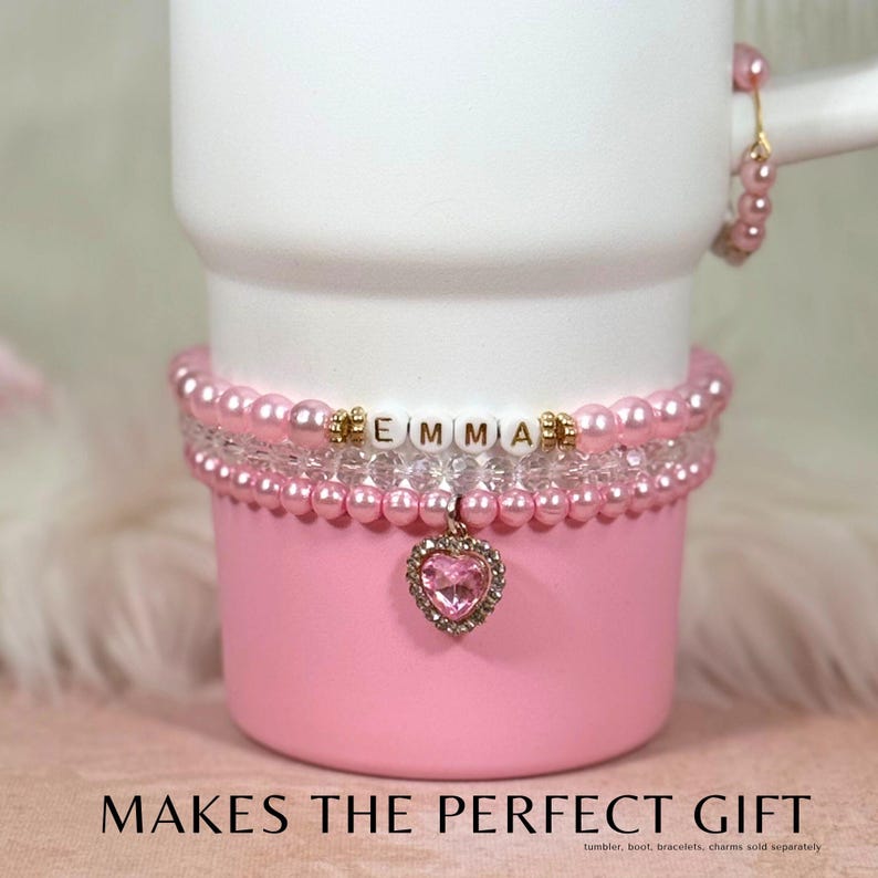 Personalized Water Bottle Bracelet Stanley Cup Bracelet Pink Pearl Water Bottle Charm Tumbler Bracelet Stanley Accessories Custom Gift Pink Name Bracelet