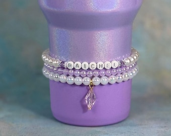 Personalized Purple Stanley Cup Bracelet Accessory Set Custom Name Beaded Jewelry 20-40 oz Tumbler Accessory Christmas Birthday Gift Bundle