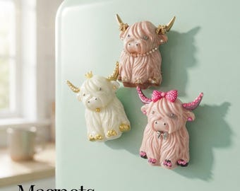 Imanes para nevera, juego de resina con forma de vaca de las Tierras Altas, lazos y diamantes de imitación.