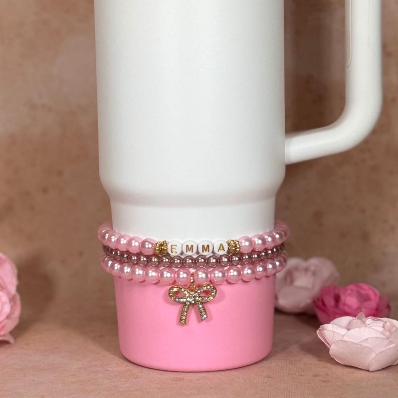 Personalized Water Bottle Bracelet Stanley Cup Bracelet Pink Pearl Water Bottle Charm Tumbler Bracelet Stanley Accessories Custom Gift image 6
