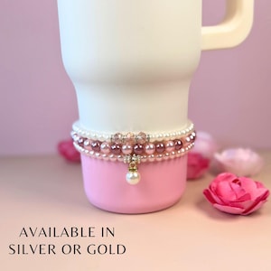 Personalized Pearl Water Bottle Bracelet: Pink Mauve Crystal Tumbler Charm