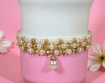 Custom Stanley Cup Bracelet Personalized Tumbler Charm Build Your Own Stack Pearl & Gold Bead Water Bottle Accessory