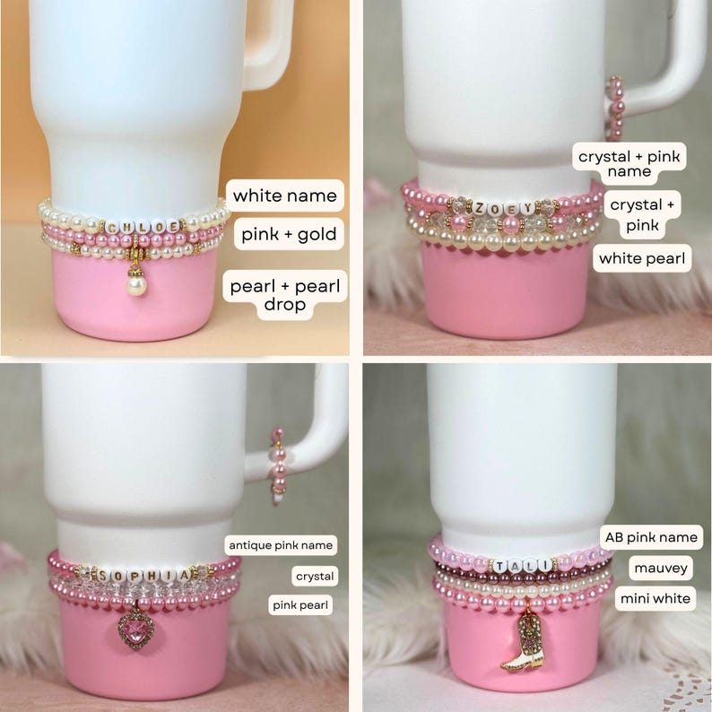 Personalized Water Bottle Bracelet Stanley Cup Bracelet Pink Pearl Water Bottle Charm Tumbler Bracelet Stanley Accessories Custom Gift image 11