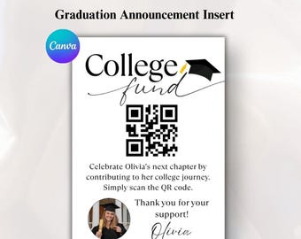 Tarjeta de graduación, Códigos QR de graduación, Anexo para fondo universitario, Código QR de Venmo en Canva, Regalo de PayPal, Plantilla para dar propina al graduado