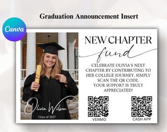 Tarjeta de felicitación de graduación del próximo capítulo, anuncio de graduación para regalos con código QR, anexo para el fondo universitario futuro, código QR de Venmo en Canva