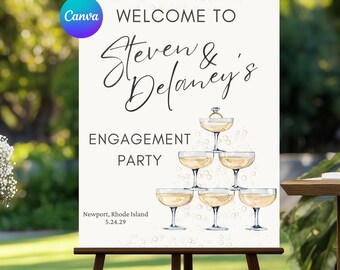 Letrero de bienvenida para fiesta de compromiso con torre de champán, dibujado a mano, editable, para bodas, descarga instantánea, plantilla para brindis de compromiso en blanco y negro.