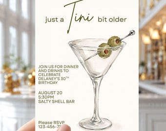 Invitación de cumpleaños moderna "A Tini Bit Older Martini", fiesta de cumpleaños para adultos, plantilla digital editable de Canva, descarga instantánea.