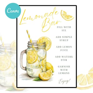 5x7 Edytowalny znak baru z lemoniadą Bezalkoholowy wydruk, szablon menu baru z drinkami bezalkoholowymi plakat Dekoracja na przyjęcie dla nowożeńców 8x10