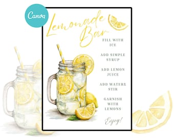Lemonade Bar Sign: Mocktail Menu, Bridal Shower Decor (Canva Template, 8x10" Printable PDF