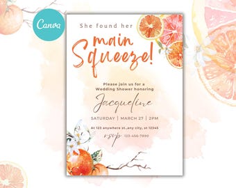Invitación de despedida de soltera con temática cítrica: acuarela naranja (plantilla Canva, descarga digital)