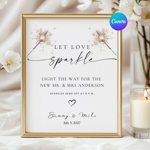Plantilla editable de cartel de despedida con bengalas, cartel minimalista de salida de boda, cartel de boda imprimible en Canva