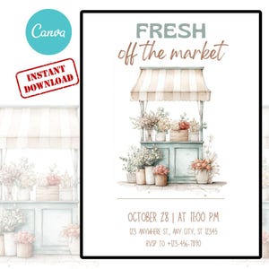 Puede incluir: Ilustraci&oacute;n en acuarela de un puesto de mercado con el texto "FRESH off the market". El puesto es azul claro con un toldo a rayas y lleno de flores. Incluye el texto "OCTOBER 28 | AT 11:00 PM" y "INSTANT DOWNLOAD."