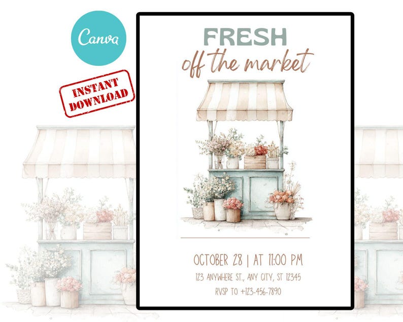 Puede incluir: Ilustraci&oacute;n en acuarela de un puesto de mercado con el texto "FRESH off the market". El puesto es azul claro con un toldo a rayas y lleno de flores. Incluye el texto "OCTOBER 28 | AT 11:00 PM" y "INSTANT DOWNLOAD."