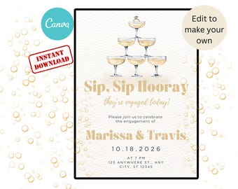 Plantilla de invitación para despedida de soltera con champán: Brunch & Bubbly (Canva editable de 13 x 18 cm, descarga digital)