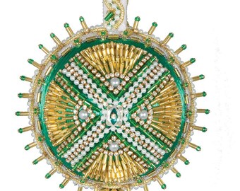 Cracker Box Ins DIY Beaded Christmas Ornament Kit "Juliette on emerald with gold jewels"
