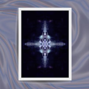 May include: Abstract art print featuring a symmetrical design in shades of blue and purple. The artwork has a cross-like shape with intricate details and glowing highlights, set against a dark background.