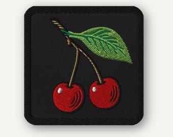 Red Cherry Patch, Embroidered Iron-On Design with Retro Style