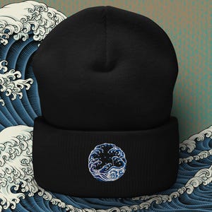 Embroidered Ocean Wave Beanie: Unisex Knit Winter Hat