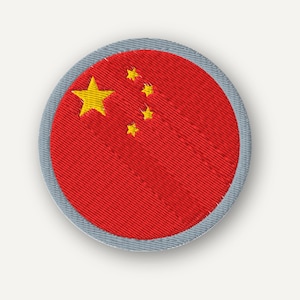 May include: A circular embroidered patch featuring the flag of China. The design consists of a vibrant red background with one large yellow star and four smaller yellow stars arranged in an arc, all bordered by a light gray stitched edge.