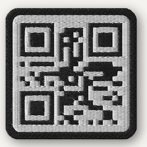 May include: Embroidered patch featuring a QR code design. The code is black and white, with a square shape and rounded corners. The patch has a black border and a textured appearance.