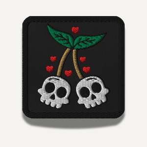 Parche gótico de cerezas con calavera: bordado termoadhesivo de estilo espeluznante y adorable para chaquetas y mochilas.