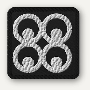 May include: Embroidered patch featuring a white geometric design on a black square background. The design consists of four interconnected, stylized figures, each with a circular head and a curved body. The patch has a black border.