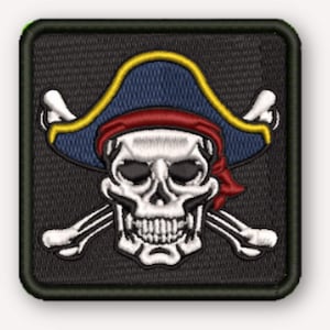 May include: A square embroidered patch featuring a white skull wearing a blue pirate hat with a yellow trim and a red bandana. Behind the skull are two crossed white bones. The entire design is set against a black background with a black border.