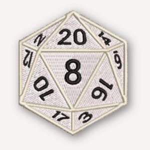 D20 Embroidered Patch, 20-Sided Die Design with Iron-On or Hook and Loop Backing
