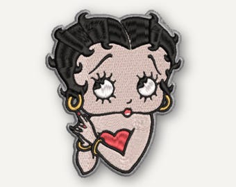 ベティ・ブープのワッペン、刺繍入りのヴィンテージ風漫画デザイン、アイロン接着式