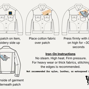 A three-panel diagram shows how to iron on a patch: place the patch on the item, place a cotton fabric over the patch, and press firmly with an iron for 30 seconds, with an additional diagram showing the iron on the inside of the garment.