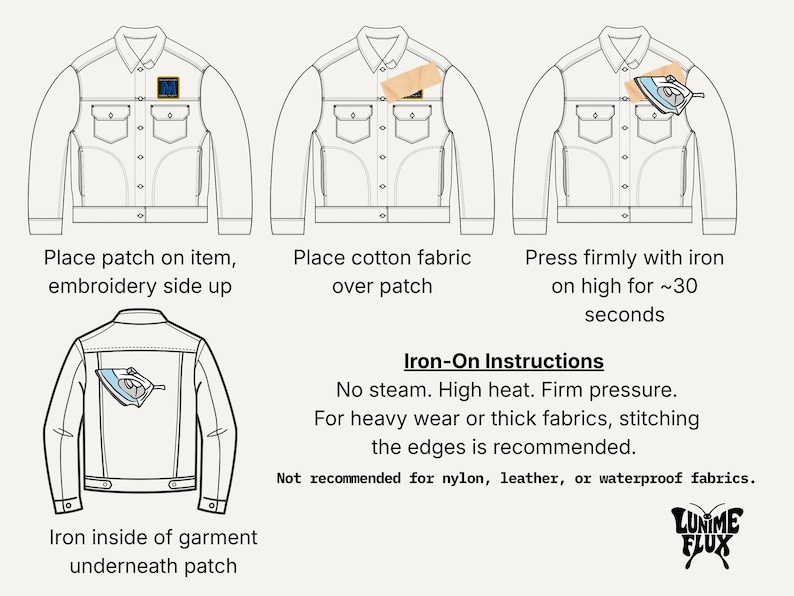 A three-panel diagram shows how to iron on a patch: place the patch on the item, place a cotton fabric over the patch, and press firmly with an iron for 30 seconds, with an additional diagram showing the iron on the inside of the garment.