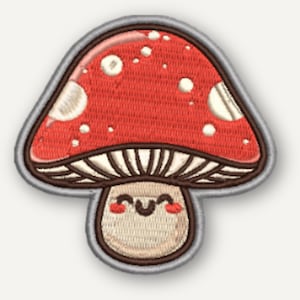 May include: An embroidered patch shaped like a mushroom with a red cap featuring white spots, a beige stem, and a smiling face with rosy cheeks. The design includes brown gills under the cap and a grey border outlining the entire mushroom shape.
