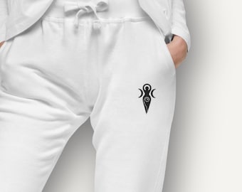 Spodnie dresowe Triple Moon Goddess z haftem i polarem – Lunar Symbol Witchy Streetwear