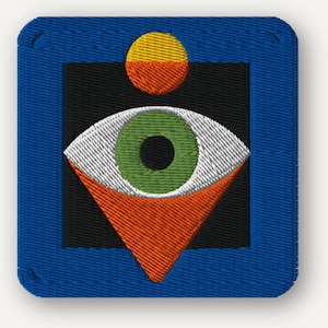 May include: A square embroidered patch featuring a blue border surrounding a black square. Inside is a stylized eye with a green iris and black pupil, set above an orange triangular shape. A yellow and orange semi-circle sits above the eye.