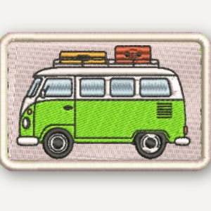 May include: A rectangular embroidered patch featuring a side profile of a green and white camper van. The van has a white roof with a yellow and an orange suitcase secured on top. The patch has a light beige border and a light beige background.