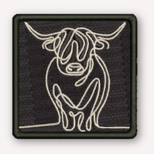 May include: A square-shaped embroidered patch featuring a single-line drawing of a Highland cow in cream-colored thread against a solid black background. The design is enclosed within a dark olive green border with a stitched edge finish.