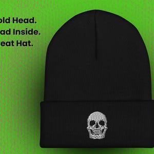 Skull Embroidered Beanie – Gothic Knit Hat for Alt Fashion, Emo, Punk & Grunge Streetwear – Unisex Slouchy Winter Cap