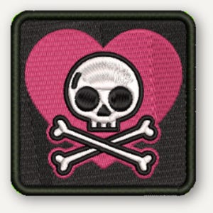 Pastel Goth Skull Crossbones Patch, Pink Heart Embroidery, Iron-On or Hook and Loop Design